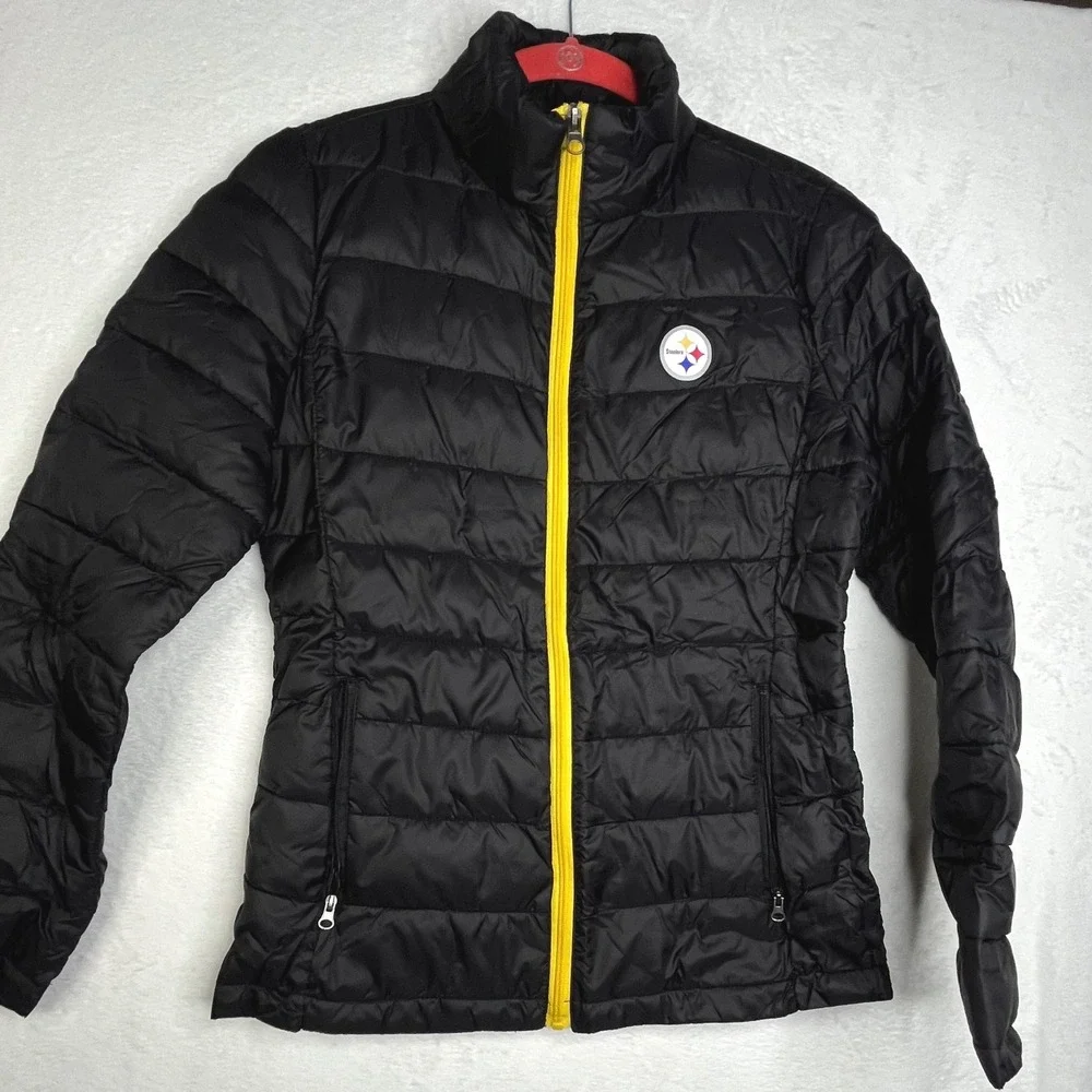 NFL Pittsburgh Steelers Puffer Jacket Women Small Black Yellow Quilt Zip Up - Picture 7 of 13